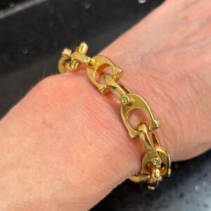 Coach Gold-Tone Link Bracelet with Green Stone Accents Toggle Closure